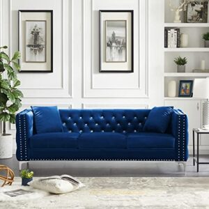 mikibama Velvet Sofa with Jeweled Buttons and Square Arms 82.3 Inch Tufted Couch with Trimmed Nailhead and Metal Legs 3 Person Couch with 2 Pillows for Living Room, Bedroom and Office (Blue)