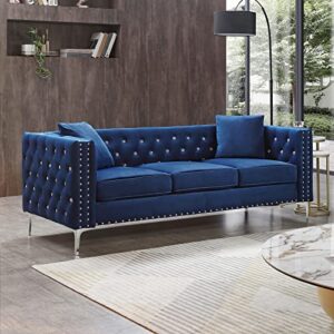 mikibama velvet sofa with jeweled buttons and square arms 82.3 inch tufted couch with trimmed nailhead and metal legs 3 person couch with 2 pillows for living room, bedroom and office (blue)