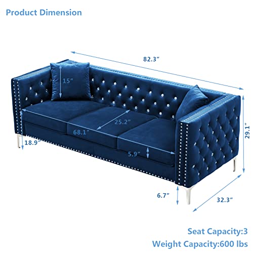 mikibama Velvet Sofa with Jeweled Buttons and Square Arms 82.3 Inch Tufted Couch with Trimmed Nailhead and Metal Legs 3 Person Couch with 2 Pillows for Living Room, Bedroom and Office (Blue)