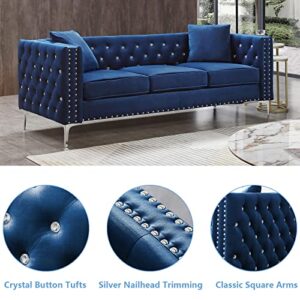 mikibama Velvet Sofa with Jeweled Buttons and Square Arms 82.3 Inch Tufted Couch with Trimmed Nailhead and Metal Legs 3 Person Couch with 2 Pillows for Living Room, Bedroom and Office (Blue)