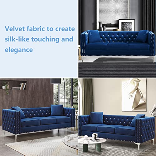 mikibama Velvet Sofa with Jeweled Buttons and Square Arms 82.3 Inch Tufted Couch with Trimmed Nailhead and Metal Legs 3 Person Couch with 2 Pillows for Living Room, Bedroom and Office (Blue)