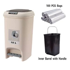 HAOHANR Bathroom Trash Can Soft-Close,2.6 Gallen Small Trash Can with Lid and Foot Pedal, 10 Litter Trashcan Removable Handle Inner Bucket for Bedroom,Kitchen,Powder Room(Khaki)