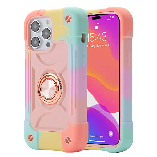 XBO Compatible with iPhone 14 Pro Max Case for Women, Heavy-Duty Military Grade Shockproof Phone Cover with Adjustable Ring Kickstand for iPhone 6.7 2022 Accessories - Colorful Pink