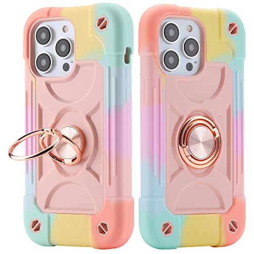 XBO Compatible with iPhone 14 Pro Max Case for Women, Heavy-Duty Military Grade Shockproof Phone Cover with Adjustable Ring Kickstand for iPhone 6.7 2022 Accessories - Colorful Pink