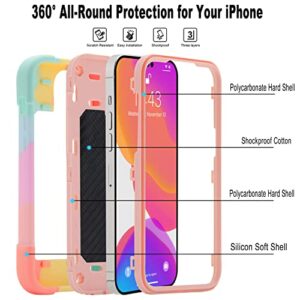 XBO Compatible with iPhone 14 Pro Max Case for Women, Heavy-Duty Military Grade Shockproof Phone Cover with Adjustable Ring Kickstand for iPhone 6.7 2022 Accessories - Colorful Pink