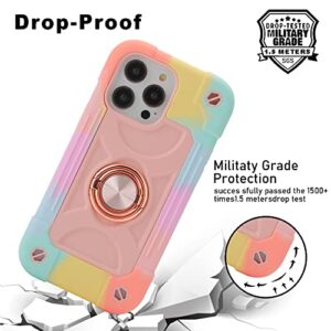 XBO Compatible with iPhone 14 Pro Max Case for Women, Heavy-Duty Military Grade Shockproof Phone Cover with Adjustable Ring Kickstand for iPhone 6.7 2022 Accessories - Colorful Pink