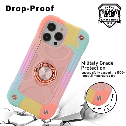 XBO Compatible with iPhone 14 Pro Max Case for Women, Heavy-Duty Military Grade Shockproof Phone Cover with Adjustable Ring Kickstand for iPhone 6.7 2022 Accessories - Colorful Pink