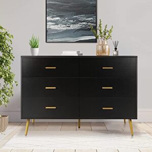 MAISONPEX 6 Drawer Dresser, Black Dresser with Metal Handle, Sturdy Frame Modern Bedroom Furniture, Chest of Drawers, Dressers with Drawers for Closet Hallway, Living Room