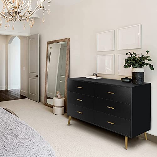 MAISONPEX 6 Drawer Dresser, Black Dresser with Metal Handle, Sturdy Frame Modern Bedroom Furniture, Chest of Drawers, Dressers with Drawers for Closet Hallway, Living Room