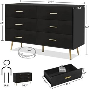 MAISONPEX 6 Drawer Dresser, Black Dresser with Metal Handle, Sturdy Frame Modern Bedroom Furniture, Chest of Drawers, Dressers with Drawers for Closet Hallway, Living Room