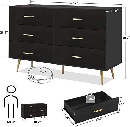 MAISONPEX 6 Drawer Dresser, Black Dresser with Metal Handle, Sturdy Frame Modern Bedroom Furniture, Chest of Drawers, Dressers with Drawers for Closet Hallway, Living Room