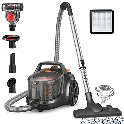 Aspiron Canister Vacuum Cleaner, 1200W Lightweight Bagless Vacuum Cleaner, 3.7QT Capacity, Automatic Cord Rewind, 5 Tools, HEPA Filter, Pet Friendly Vacuum Cleaner for Hard Floors, Carpet, Pet Hair