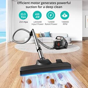 Aspiron Canister Vacuum Cleaner, 1200W Lightweight Bagless Vacuum Cleaner, 3.7QT Capacity, Automatic Cord Rewind, 5 Tools, HEPA Filter, Pet Friendly Vacuum Cleaner for Hard Floors, Carpet, Pet Hair