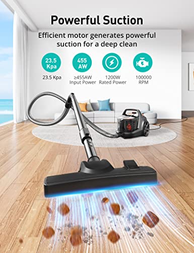 Aspiron Canister Vacuum Cleaner, 1200W Lightweight Bagless Vacuum Cleaner, 3.7QT Capacity, Automatic Cord Rewind, 5 Tools, HEPA Filter, Pet Friendly Vacuum Cleaner for Hard Floors, Carpet, Pet Hair