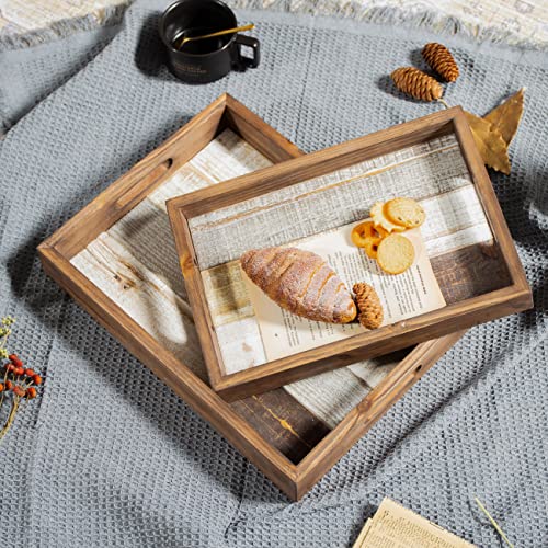 Wooden Serving Trays with Handles Set of 2, Unique Coffee Table Tray, Rectangular Decorative Ottoman Food Trays for Eating, Farmhouse Serving Platter for Food, Drinks, Breakfast, Patio, Home, Party