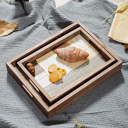 Wooden Serving Trays with Handles Set of 2, Unique Coffee Table Tray, Rectangular Decorative Ottoman Food Trays for Eating, Farmhouse Serving Platter for Food, Drinks, Breakfast, Patio, Home, Party