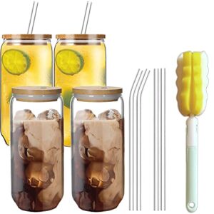 flhivsa drinking transparent cup 4pcs set-20oz water cups tumbler cup with bamboo lids and straw ideal for soda cocktail whiskey iced coffee iced tea