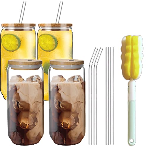 Flhivsa Drinking transparent cup 4pcs Set-20oz water Cups Tumbler Cup With Bamboo Lids and Straw Ideal for Soda Cocktail Whiskey Iced Coffee Iced Tea