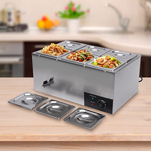 6-Pan Commercial Food Warmer, 110V 600W Electric Steam Table 15cm/6inch Deep, Professional Stainless Steel Buffet Bain Marie for Catering and Restaurants