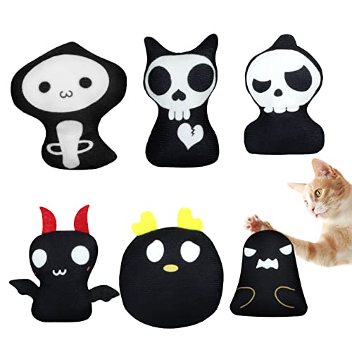 YHomU Cat Catnip Toys Horrible Ghost Cat Chew Toy Bite Resistant Catnip Toys Set of 6 Ghost Monster 2-Sided Catnip Filled Teething Chew Toys Pet Gift for Kitten Cats (Black)