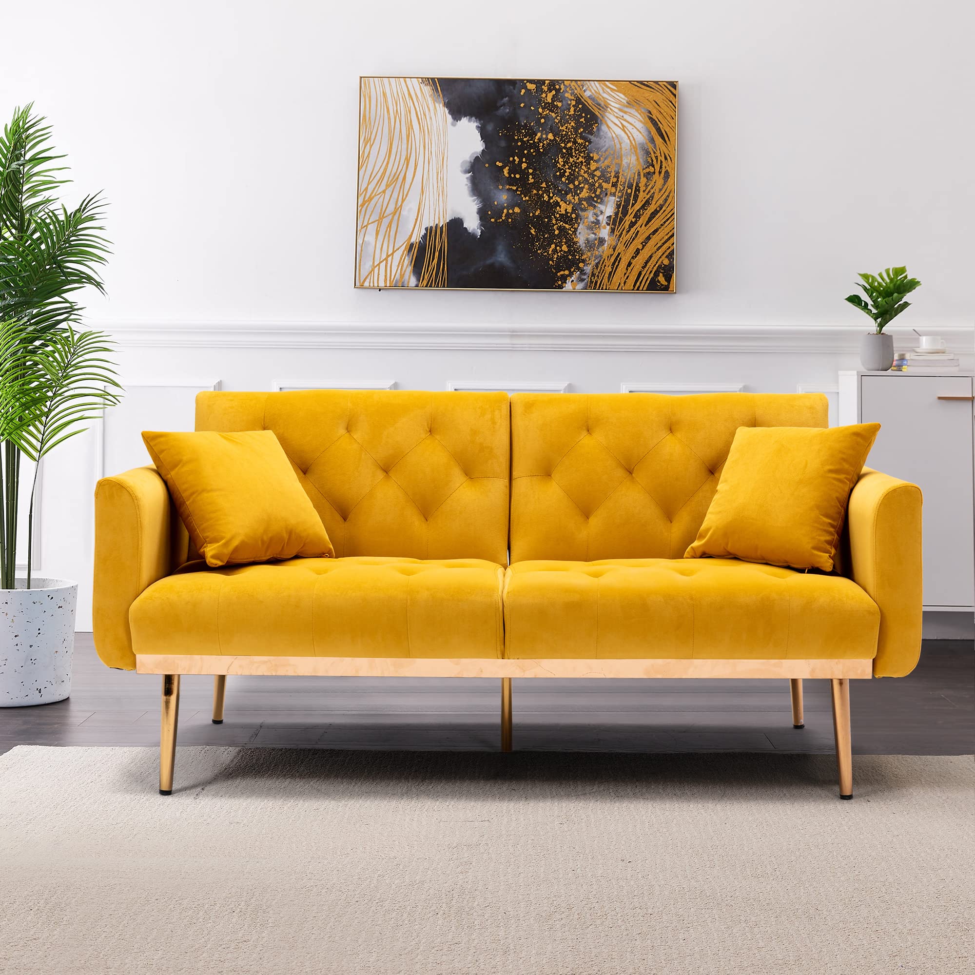 63“Accent Sofa, Mid Century Modern Velvet Fabric Couch,Convertible Futon Sofa Bed,Recliner Couch Accent Sofa Loveseat Sofa with Gold Metal Feet (Mango Color)