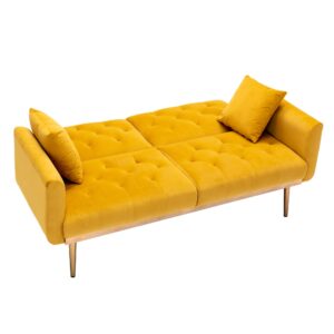 63“Accent Sofa, Mid Century Modern Velvet Fabric Couch,Convertible Futon Sofa Bed,Recliner Couch Accent Sofa Loveseat Sofa with Gold Metal Feet (Mango Color)