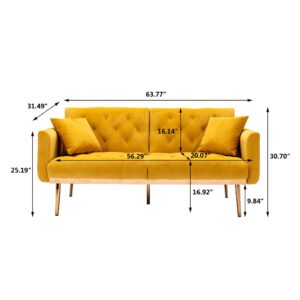 63“Accent Sofa, Mid Century Modern Velvet Fabric Couch,Convertible Futon Sofa Bed,Recliner Couch Accent Sofa Loveseat Sofa with Gold Metal Feet (Mango Color)