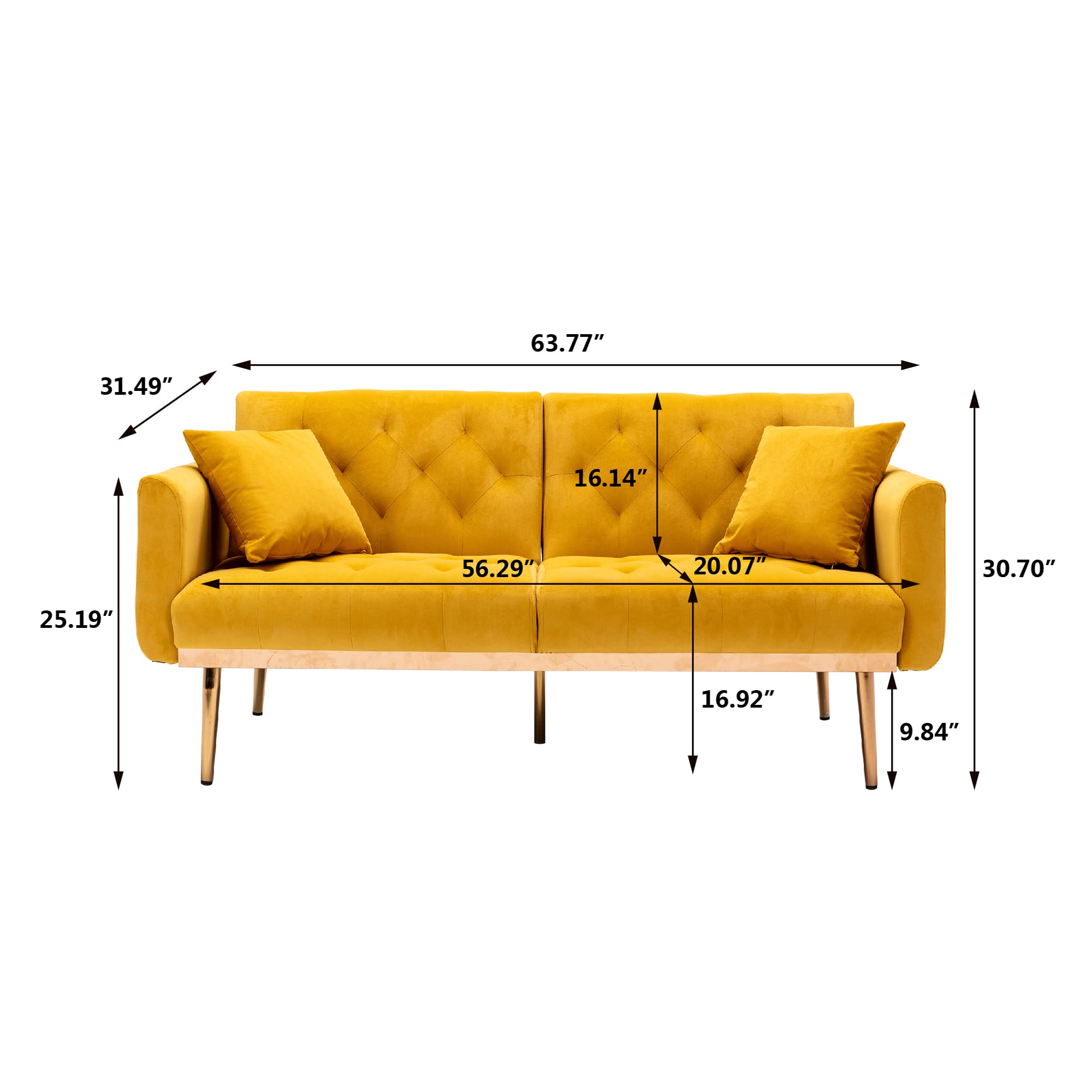 63“Accent Sofa, Mid Century Modern Velvet Fabric Couch,Convertible Futon Sofa Bed,Recliner Couch Accent Sofa Loveseat Sofa with Gold Metal Feet (Mango Color)