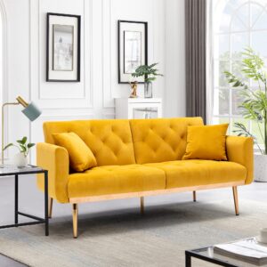 63“Accent Sofa, Mid Century Modern Velvet Fabric Couch,Convertible Futon Sofa Bed,Recliner Couch Accent Sofa Loveseat Sofa with Gold Metal Feet (Mango Color)