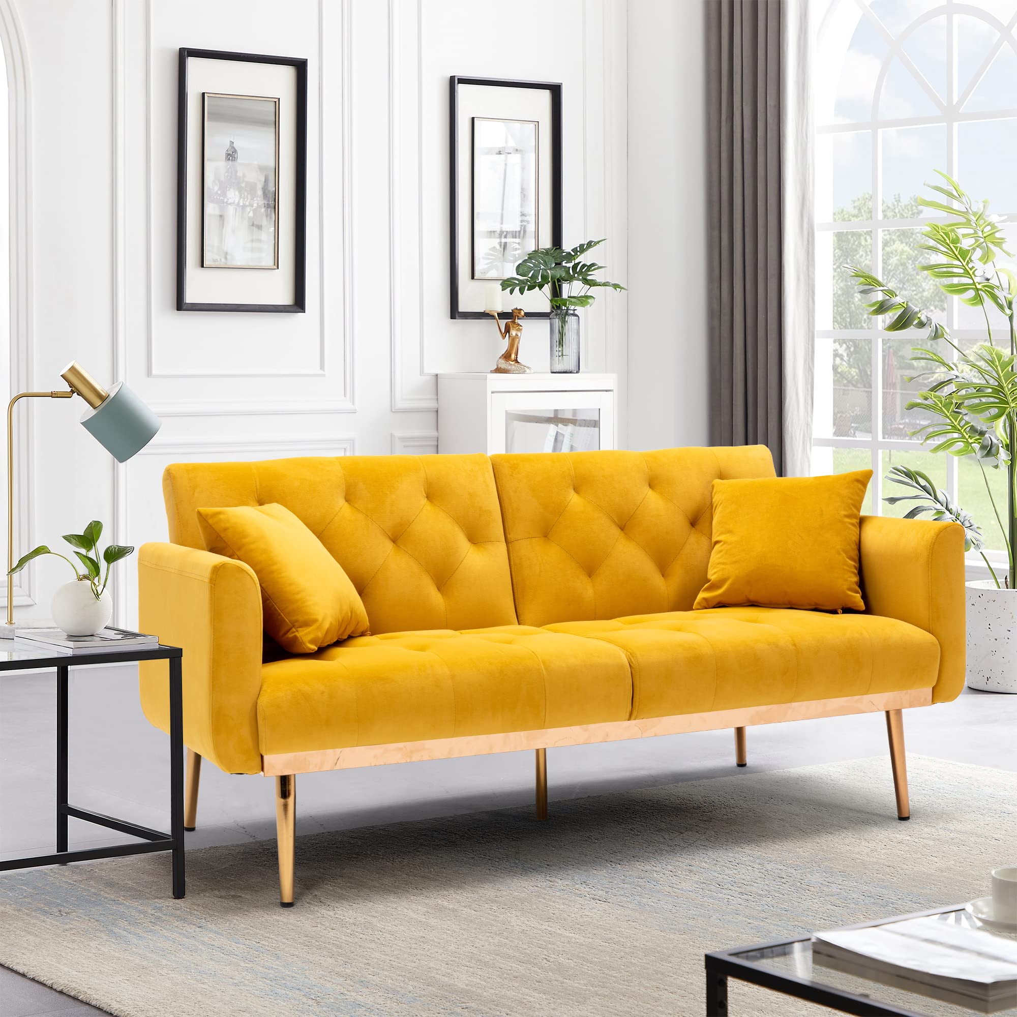 63“Accent Sofa, Mid Century Modern Velvet Fabric Couch,Convertible Futon Sofa Bed,Recliner Couch Accent Sofa Loveseat Sofa with Gold Metal Feet (Mango Color)