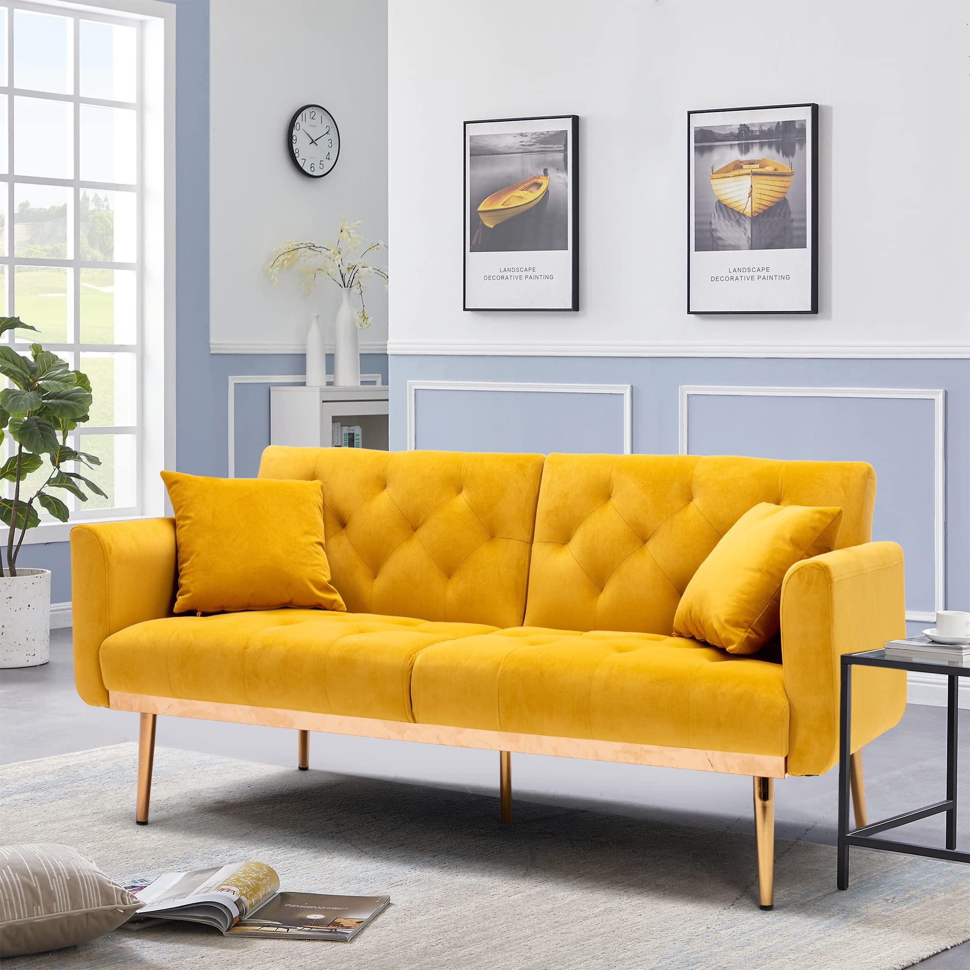 63“Accent Sofa, Mid Century Modern Velvet Fabric Couch,Convertible Futon Sofa Bed,Recliner Couch Accent Sofa Loveseat Sofa with Gold Metal Feet (Mango Color)