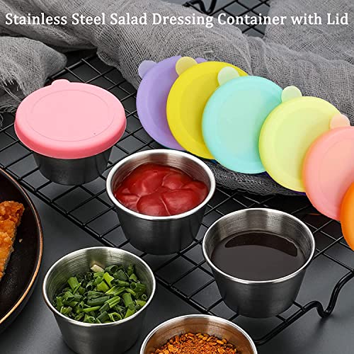 Rosyhome Salad Dressing Container Set, Reusable Stainless Steel Small Condiment Cup with Silicone Lids