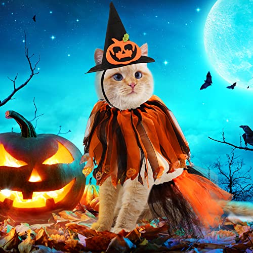 6 Pcs Dog Costumes Cat Witch Costume Suit Include Pet Pumpkin Witch Hat Halloween Cat Collar with Bells Dogs Cats Tutu Skirt for Pets Kitten Puppy Birthday Holiday Outfit