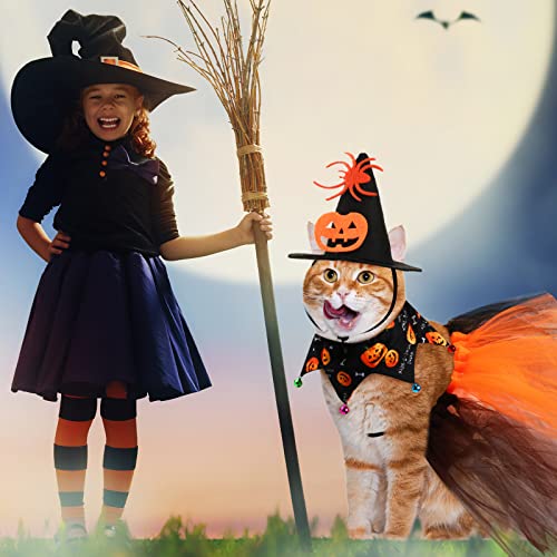 6 Pcs Dog Costumes Cat Witch Costume Suit Include Pet Pumpkin Witch Hat Halloween Cat Collar with Bells Dogs Cats Tutu Skirt for Pets Kitten Puppy Birthday Holiday Outfit