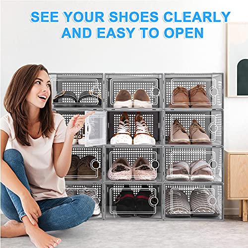 Kuject Grey Shoe Organizer Storage Boxes for Closet, 12 Packs Clear Plastic Stackable Shoe Storage Bins For Entryway, Closet, Drop Front