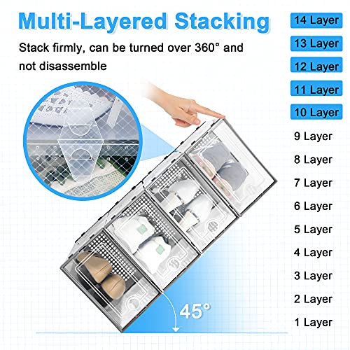 Kuject Grey Shoe Organizer Storage Boxes for Closet, 12 Packs Clear Plastic Stackable Shoe Storage Bins For Entryway, Closet, Drop Front