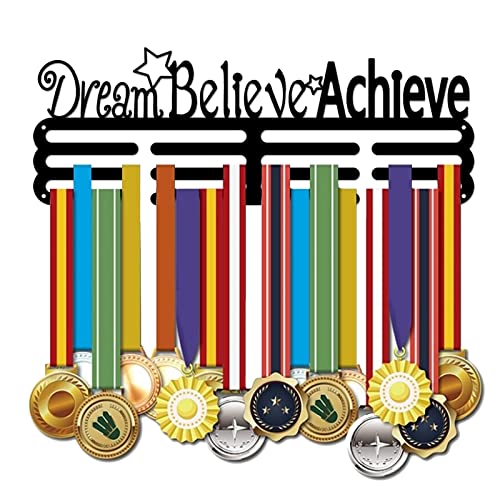 SUPERDANT Sports Medal Hanger Display Hanger Rack Dream Believe Achieve Black Iron Wall Mounted Hooks Star Medals Competition Medal Holder Display Wall Hanging for Kids Adults for Over 60