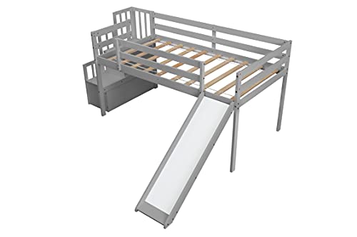 MOEO Twin Size Loft Bed with Slide and Stairs, Wood Bedframe Bedroom Guest Room Furniture,Safety Rail & Storage Shelves for Kids Teens Girls Boys, No Box Spring Needed, Gray