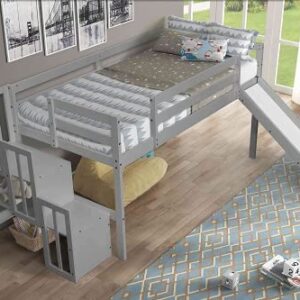 MOEO Twin Size Loft Bed with Slide and Stairs, Wood Bedframe Bedroom Guest Room Furniture,Safety Rail & Storage Shelves for Kids Teens Girls Boys, No Box Spring Needed, Gray