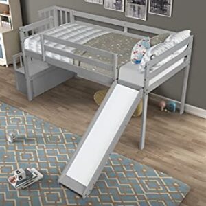 MOEO Twin Size Loft Bed with Slide and Stairs, Wood Bedframe Bedroom Guest Room Furniture,Safety Rail & Storage Shelves for Kids Teens Girls Boys, No Box Spring Needed, Gray