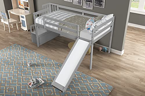 MOEO Twin Size Loft Bed with Slide and Stairs, Wood Bedframe Bedroom Guest Room Furniture,Safety Rail & Storage Shelves for Kids Teens Girls Boys, No Box Spring Needed, Gray