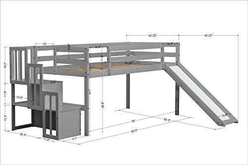 MOEO Twin Size Loft Bed with Slide and Stairs, Wood Bedframe Bedroom Guest Room Furniture,Safety Rail & Storage Shelves for Kids Teens Girls Boys, No Box Spring Needed, Gray