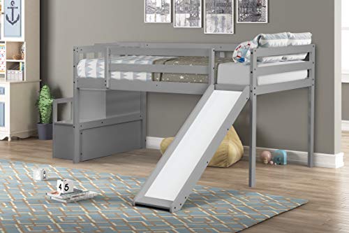 MOEO Twin Size Loft Bed with Slide and Stairs, Wood Bedframe Bedroom Guest Room Furniture,Safety Rail & Storage Shelves for Kids Teens Girls Boys, No Box Spring Needed, Gray