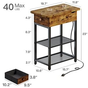 QEEIG Small End Table with Charging Station Sofa USB Ports Power Outlets Farmhouse Narrow Nightstand, Rustic Brown