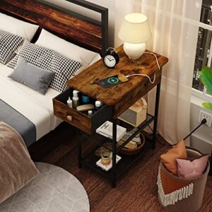 QEEIG Small End Table with Charging Station Sofa USB Ports Power Outlets Farmhouse Narrow Nightstand, Rustic Brown