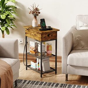 QEEIG Small End Table with Charging Station Sofa USB Ports Power Outlets Farmhouse Narrow Nightstand, Rustic Brown