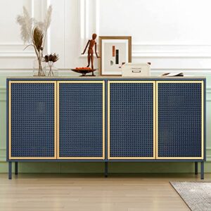 orrd accent cabinet, sideboard buffet cabinet kitchen storage cabinet console televison table with 4 iron rattan no handle pop-up doors and adjustable shelves for living room, dining room (blue gold)