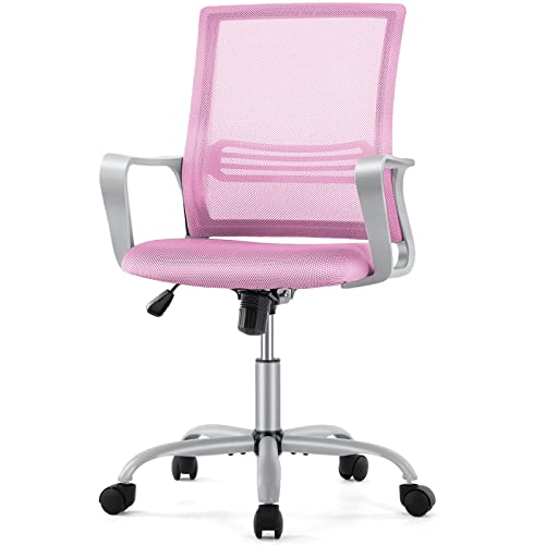 JHK Home Office Chair Mesh Mid Back Ergonomic Computer Executive Task Desk with Lumbar Support, Armrest, Rocking Swivel Tilt Function, Wheels, Sponge Seat Cushions for Adult, Pink