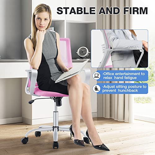 JHK Home Office Chair Mesh Mid Back Ergonomic Computer Executive Task Desk with Lumbar Support, Armrest, Rocking Swivel Tilt Function, Wheels, Sponge Seat Cushions for Adult, Pink