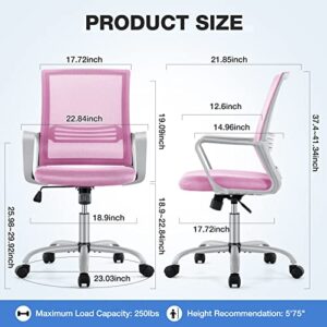 JHK Home Office Chair Mesh Mid Back Ergonomic Computer Executive Task Desk with Lumbar Support, Armrest, Rocking Swivel Tilt Function, Wheels, Sponge Seat Cushions for Adult, Pink